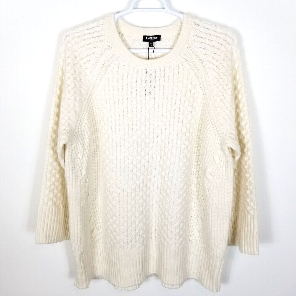 Express Women Cable Knit Crew Neck Tunic Sweater Size‎ XL Cream Ivory Pullover